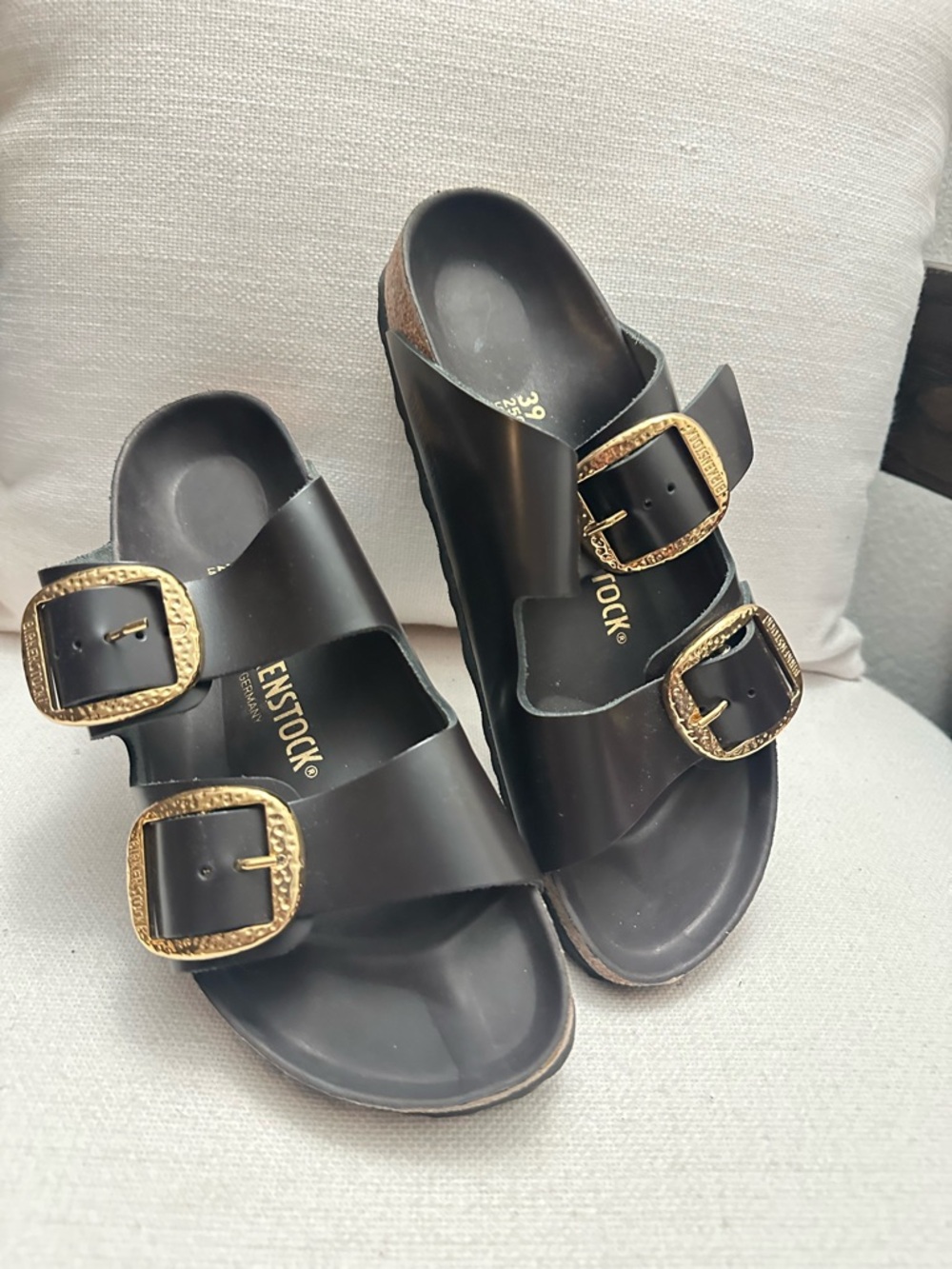 Birkenstock Black Arizona Sandals with Decorative Gold Buckles